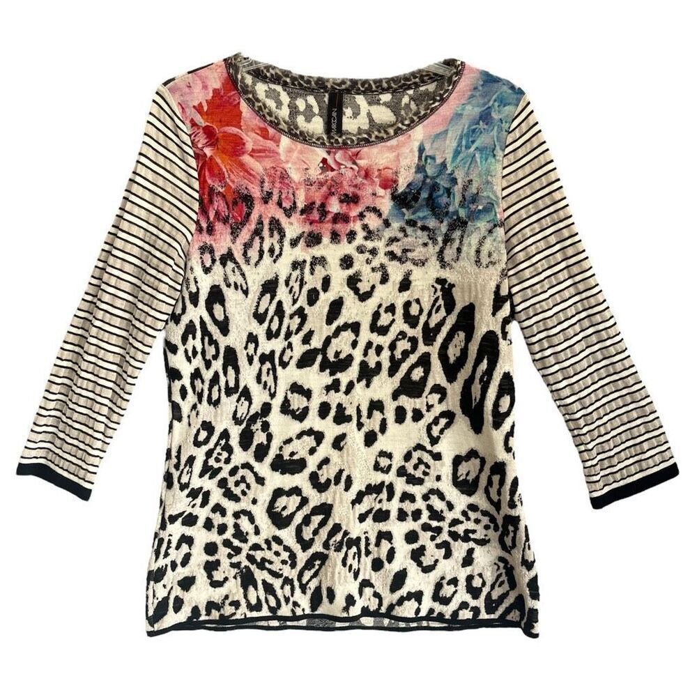 Marc Cain Wool Silk Sweater Womens XL N5 Animal Print Floral Stripe Quiet Luxury